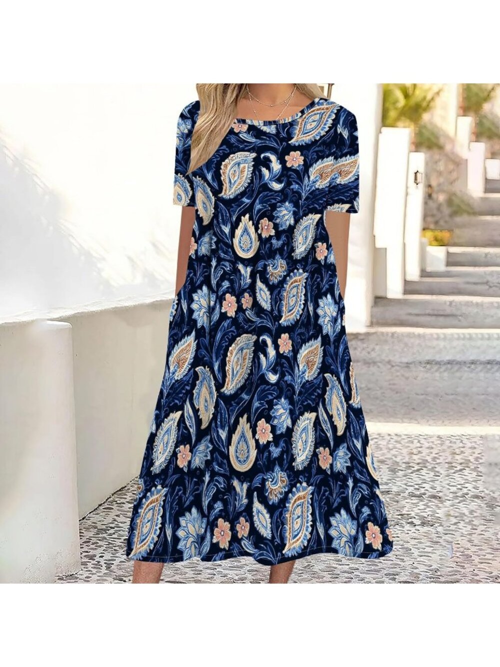 Women's Dark Blue Sleeve Crewneck Floral Print Casual Mode Maxi Long Dress - Picture 2 of 5